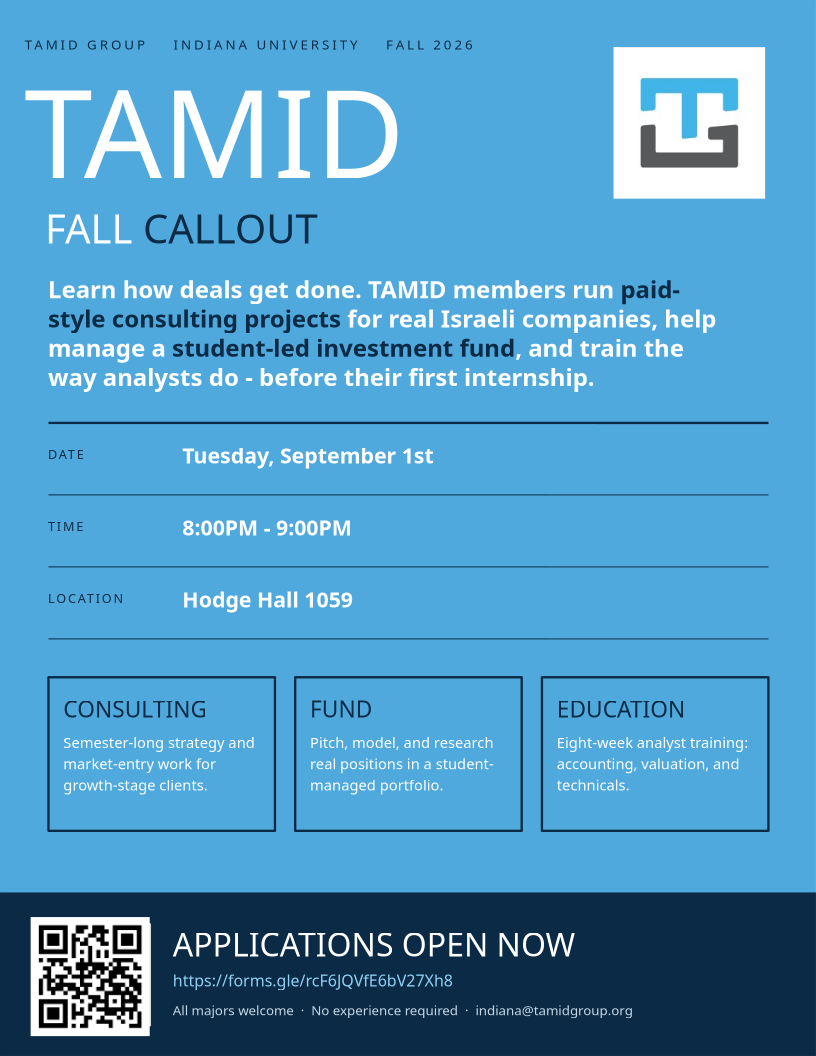 TAMID at Indiana Fall 2026 callout flyer with recruitment dates